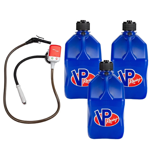 VP Racing 3532-CA, 5.5-Gallon Square Motorsport Jug Blue (3 Pack), w/Utility Jug Battery Powered Fuel Transfer Pump (1 Pack)
