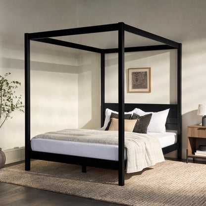 Walker Edison Minimalist Slatted Wood Queen Canopy Bedframe, Natural Pine