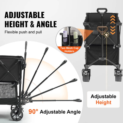 VEVOR Foldable Double Decker Wagon, 400L Collapsible Wagon Cart with All-Terrain Wheels,Heavy Duty Folding Wagon Cart 350-450 lbs Weight Capacity for Camping,Shopping,Garden,52" Extra Long Extender