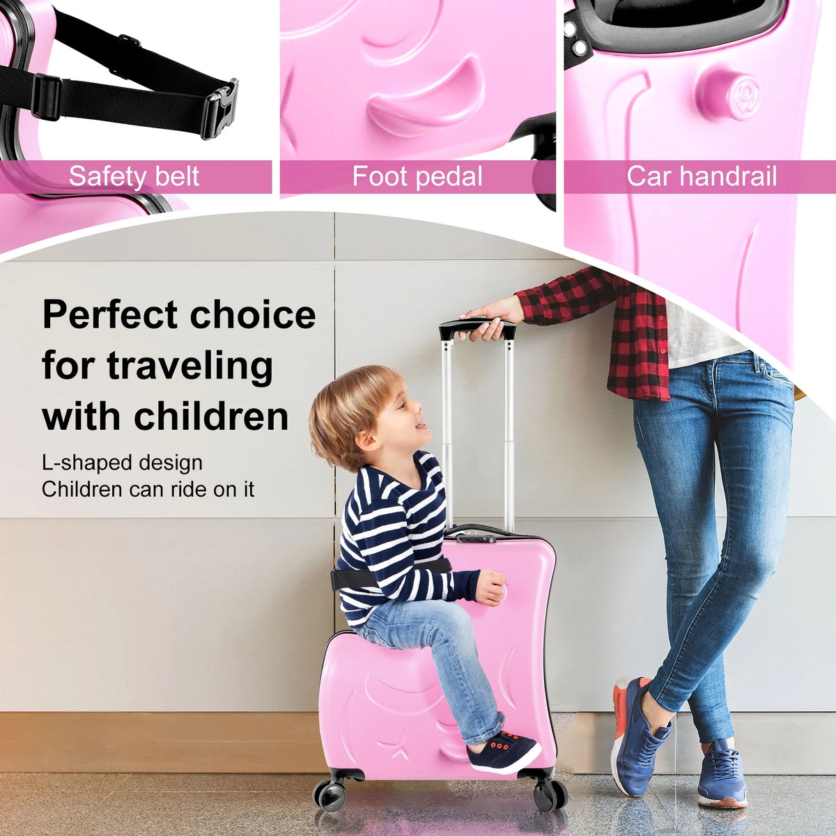 20" Children's Ride-On Luggage with Safety Belt Matte Finish, Silent Wheels, Spacious Compartment for Ages 3-12  travel suitcase