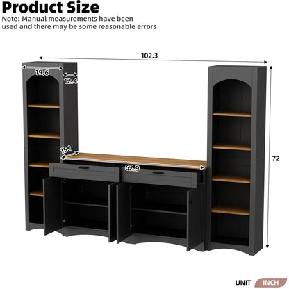 72"h Pantry Pair, 2 , Adjustable Shelves, , Black Finish 2 Bookcase , Cabinet With Vintage Style