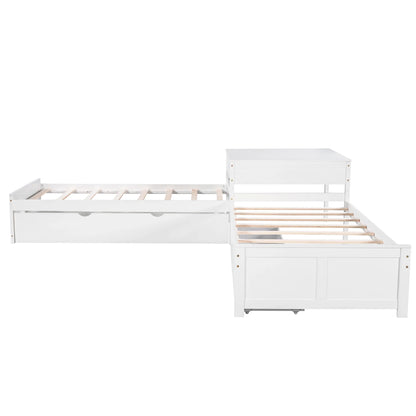 Euroco Wood Twin Size L-Shaped Platform Bed with Square Storage Table for Kids Teens, 2 Platform Beds with Trundle and Drawers for Living Room, 3 Twin Beds, Gray