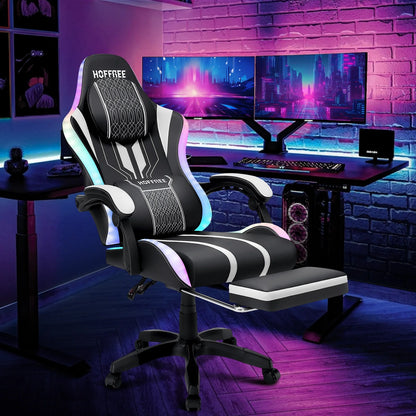 HOFFREE Big and Tall Gaming Chair with Speakers and RGB Lights, Gamer Chair with Footrest, Lumbar Support Height Adjustable 360-Swivel Seat and Headrest for Adults, 400lbs
