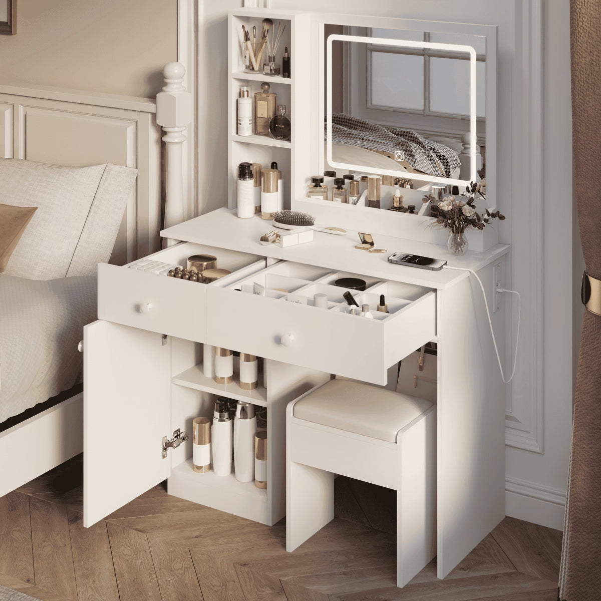 Montary Modern Mini Vanity w/Adjustable LED Mirror + Hidden Storage, Padded Stool & Dustproof Shelves (White)