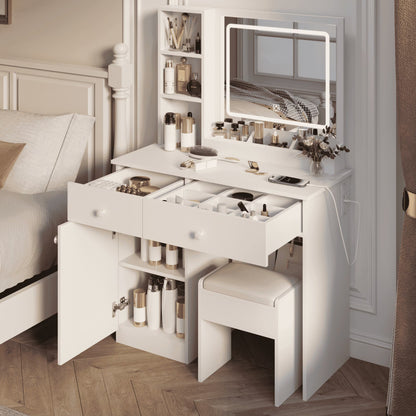 Montary Modern Mini Vanity w/Adjustable LED Mirror + Hidden Storage, Padded Stool & Dustproof Shelves (White)