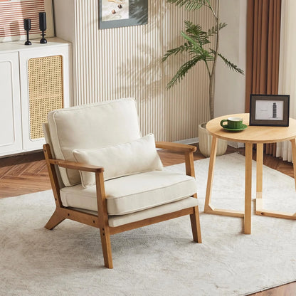 RWTFGV Solid Wood Wide Armrests Accent Chair,Upholstered Mid Century Modern Chair with Pillow,Comfy Reading Chair Farmhouse Arm Chair,Chairs Living Room,Bedroom,Guest Room,Linen Fabric,Beige