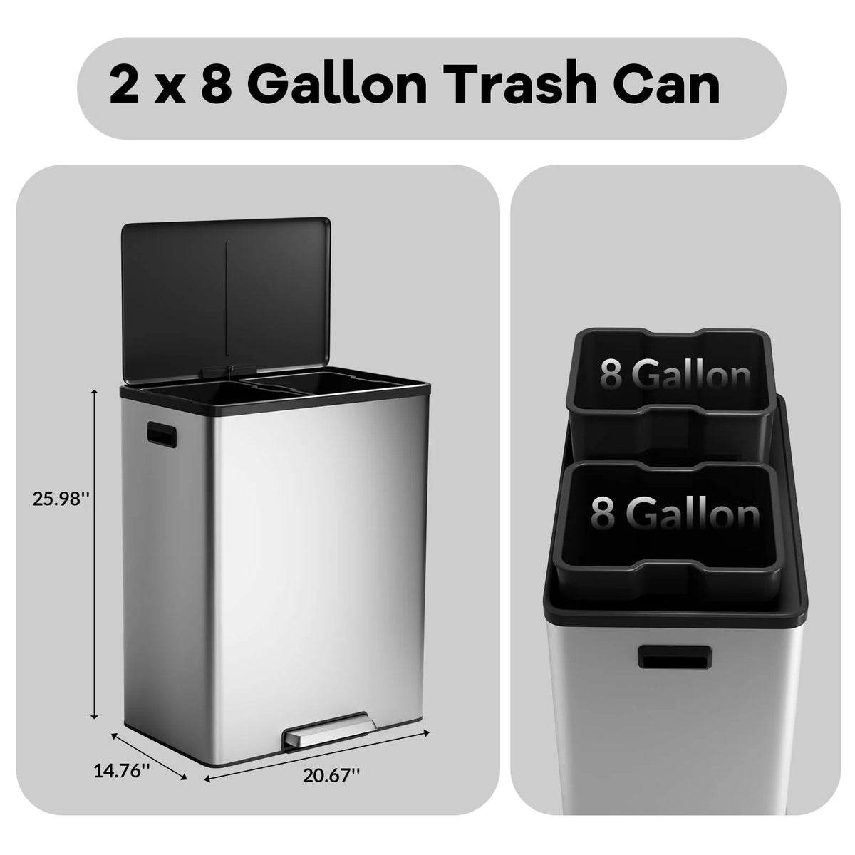 JoanKaren 16 Gallon Stainless Steel Dual Compartment Step Kitchen Trash Can with Lid & 2 Removable Wastebaskets,Kitchen Garbage Can & Recycling Bin,Black