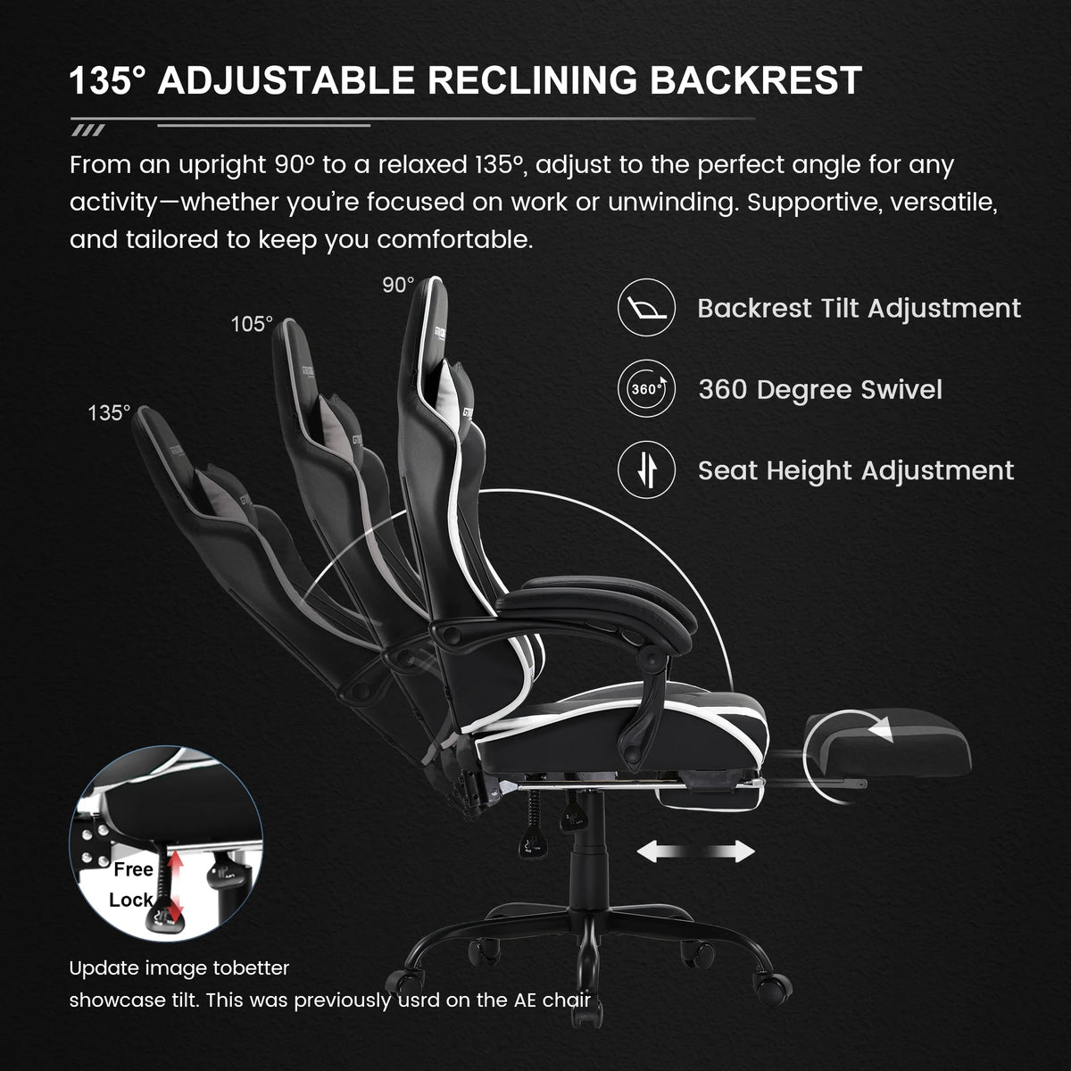 GTRACING GTWD-200 Ergonomic Gaming Chair with Adjustable Pillows and Footrest , White