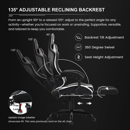 GTRACING GTWD-200 Ergonomic Gaming Chair with Adjustable Pillows and Footrest , White