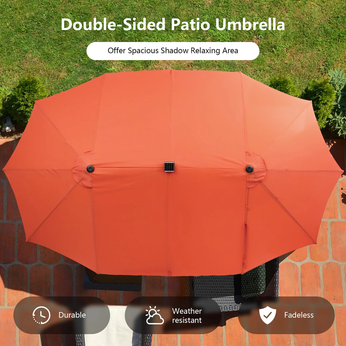 Costway 15FT Twin Patio Double-Sided Umbrella 48 Solar LED Lights Crank Outdoor Beige
