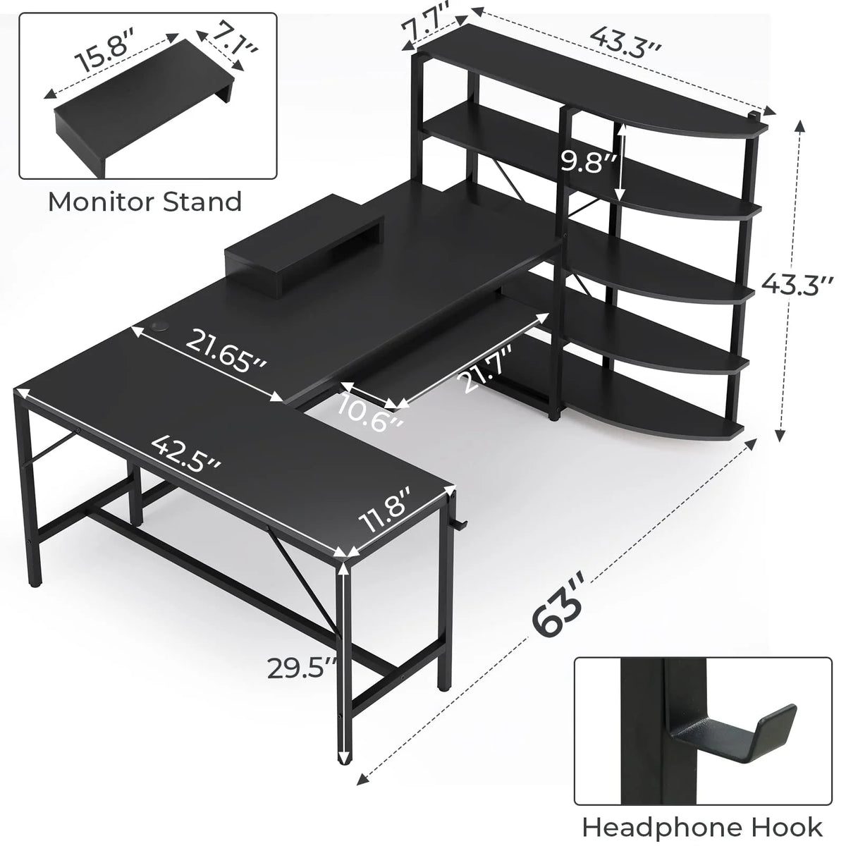 L Shaped Computer Desk, 63'' Corner Gaming Desk with LED Lights, Black Finish