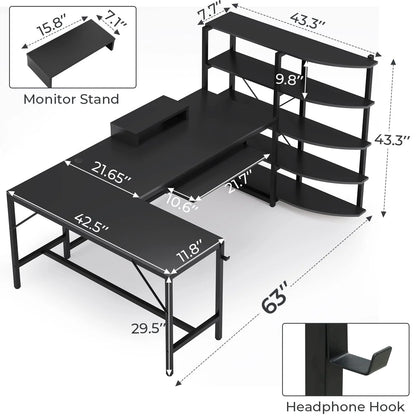 L Shaped Computer Desk, 63'' Corner Gaming Desk with LED Lights, Black Finish