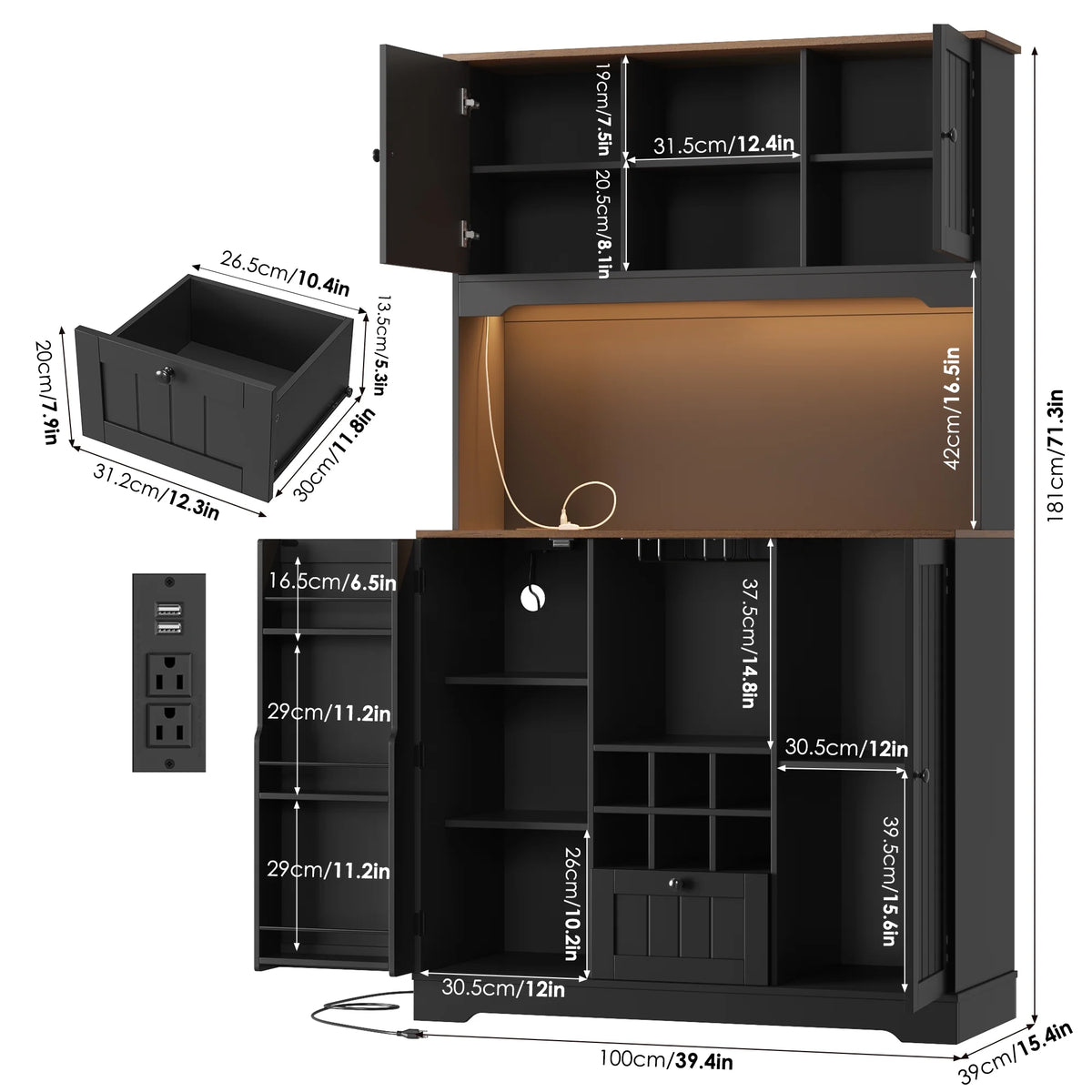 Homfa 71.3'' Kitchen Pantry Storage Cabinet with Charging Station, LED Light Kitchen Hutch Cabinet with Doors and Shelves and Wine Holder, White