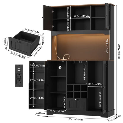 Homfa 71.3'' Kitchen Pantry Storage Cabinet with Charging Station, LED Light Kitchen Hutch Cabinet with Doors and Shelves and Wine Holder, White