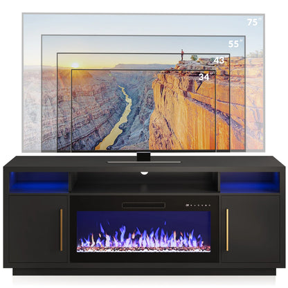 BELLEZE Fireplace TV Stand for TVs Up To 75", Entertainment Center with 36" Electric Fireplace, LED Ambient Lighting, and Storage, Media Console Table 69 Inch - Avenue (Black)