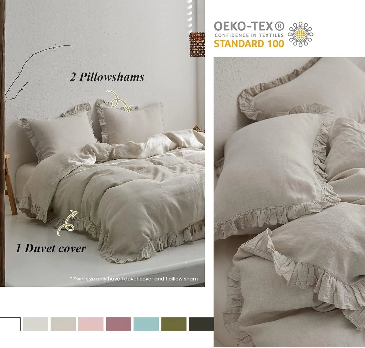 Simple&Opulence 100% Washed Linen Duvet Cover Set-3 Pieces Shabby Chic Premium Ruffled Bedding with 1 Comforter Cover and 2 Pillowshams France Flax High End Frill Sets Vintage Style(King, White)