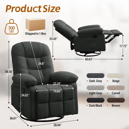 Korser Manual Swivel Rocker Recliner Chair for Living Room,Small Recliner Sofa for Small Spaces,Linen Fabric,Dark Black