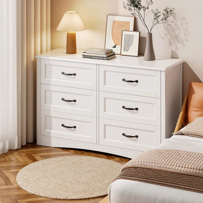 Aiho 4 Pieces Bedroom Furniture Set, Includes Queen Bed Frame, Nightstands Set of 2, Double Wide 6-Drawer Dresser - White