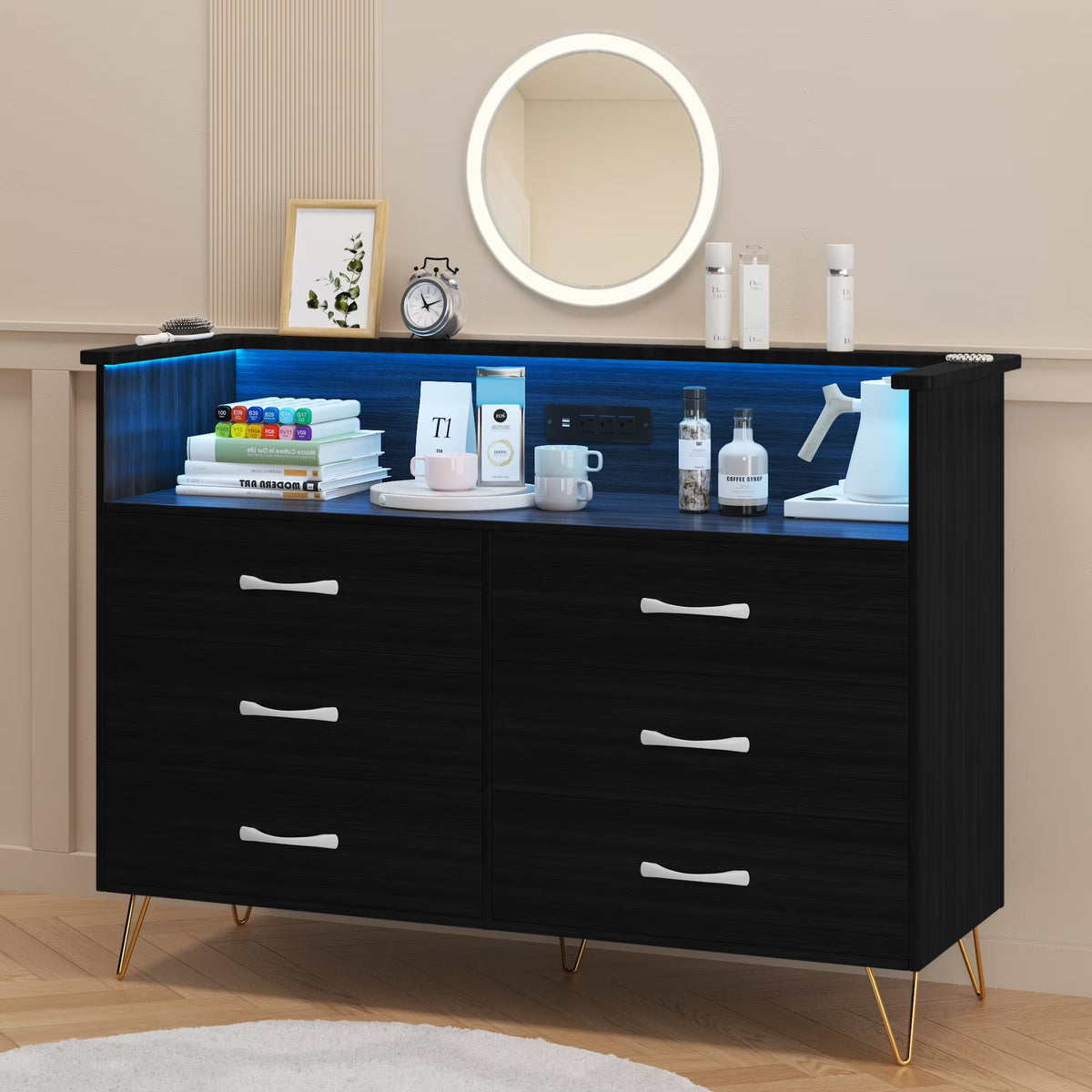 Homhougo Dresser for Bedroom 6 Drawer with LED Light & Charging Station, Wooden Dressers and Chests of Drawers with 2-Tier Open Shelves, Wide Dresser Organizer for Living Room Hallway Entryway, Pink