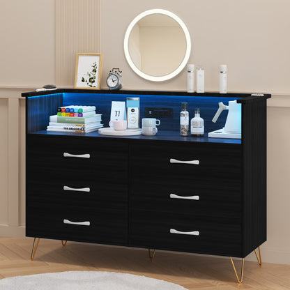 Homhougo Dresser for Bedroom 6 Drawer with LED Light & Charging Station, Wooden Dressers and Chests of Drawers with 2-Tier Open Shelves, Wide Dresser Organizer for Living Room Hallway Entryway, Pink