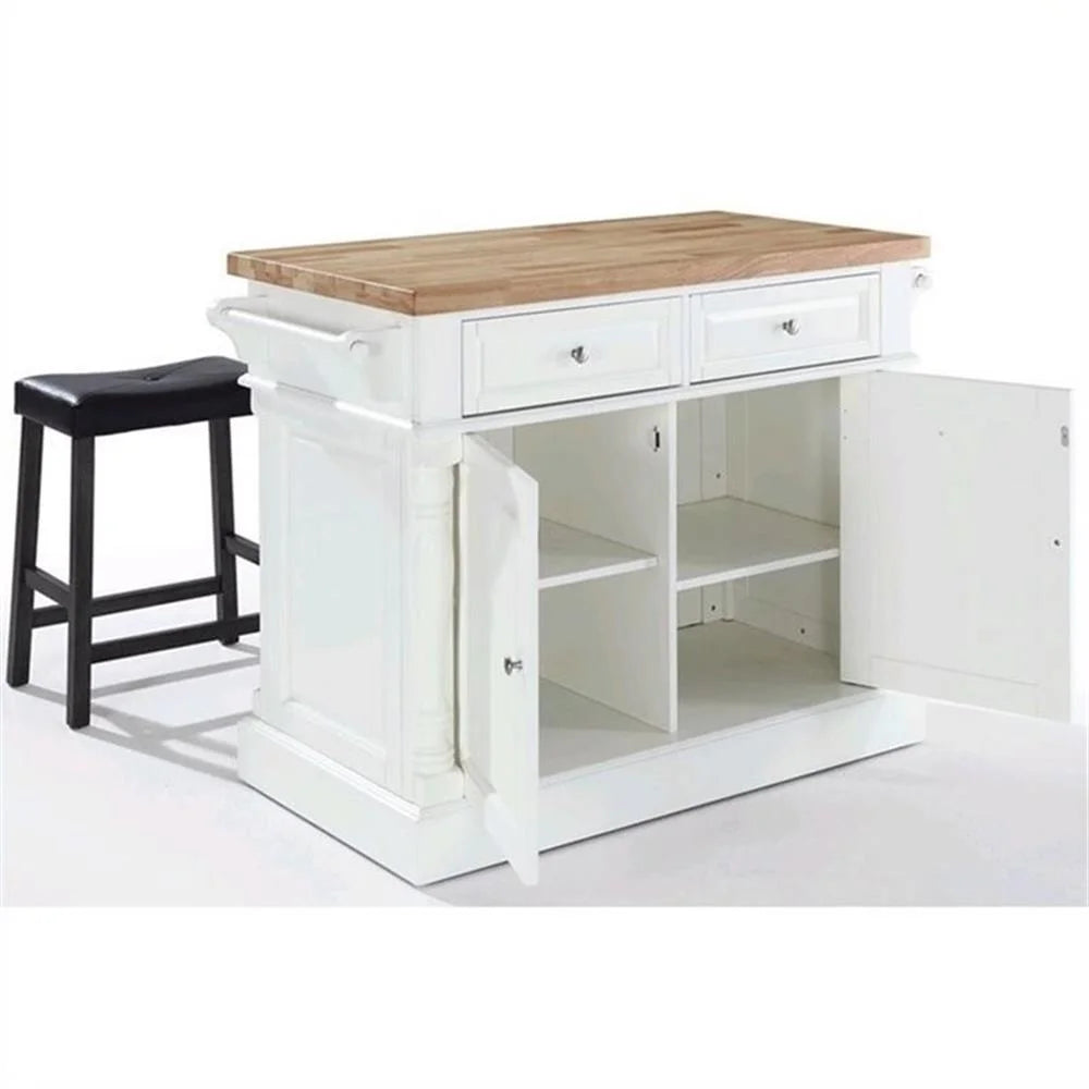 OXFORD BUTCHER BLOCK TOP KITCHEN ISLAND IN WHITE FINISH WITH 24" BLACK UPHOLSTERED SADDLE STOOLS