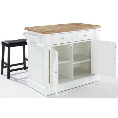 OXFORD BUTCHER BLOCK TOP KITCHEN ISLAND IN WHITE FINISH WITH 24" BLACK UPHOLSTERED SADDLE STOOLS