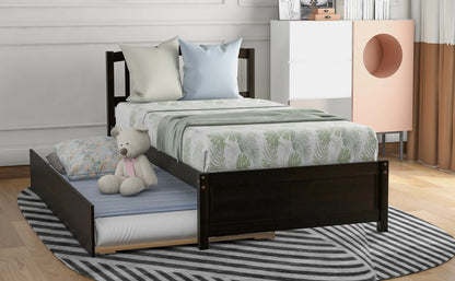 Aukfa Twin Platform Bed with Trundle - Trundle Bed with Headboard for Kids Teens - White