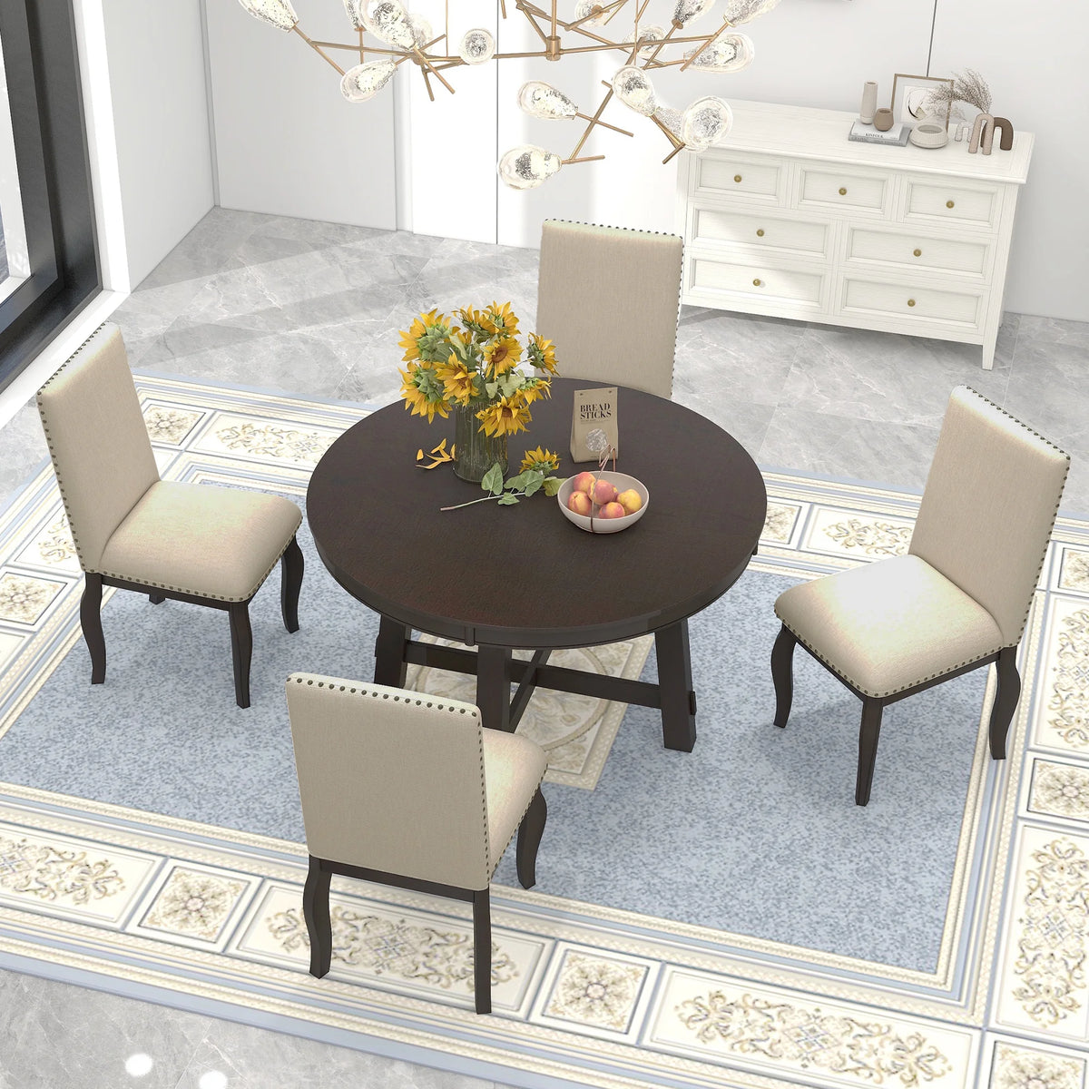 Harper & Bright Designs Round Extendable Dining Table Set for 4, 5 Piece Farmhouse Wood Dining Table Set with 4 Upholstered Dining Chairs, Natural Wood Wash