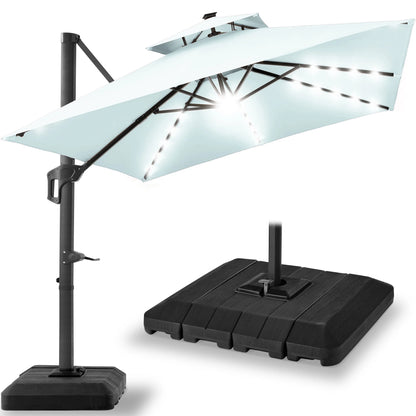 Best Choice Products 10x10ft 2-Tier Square Outdoor Solar LED Cantilever Patio Umbrella w/ Base Included - Tan