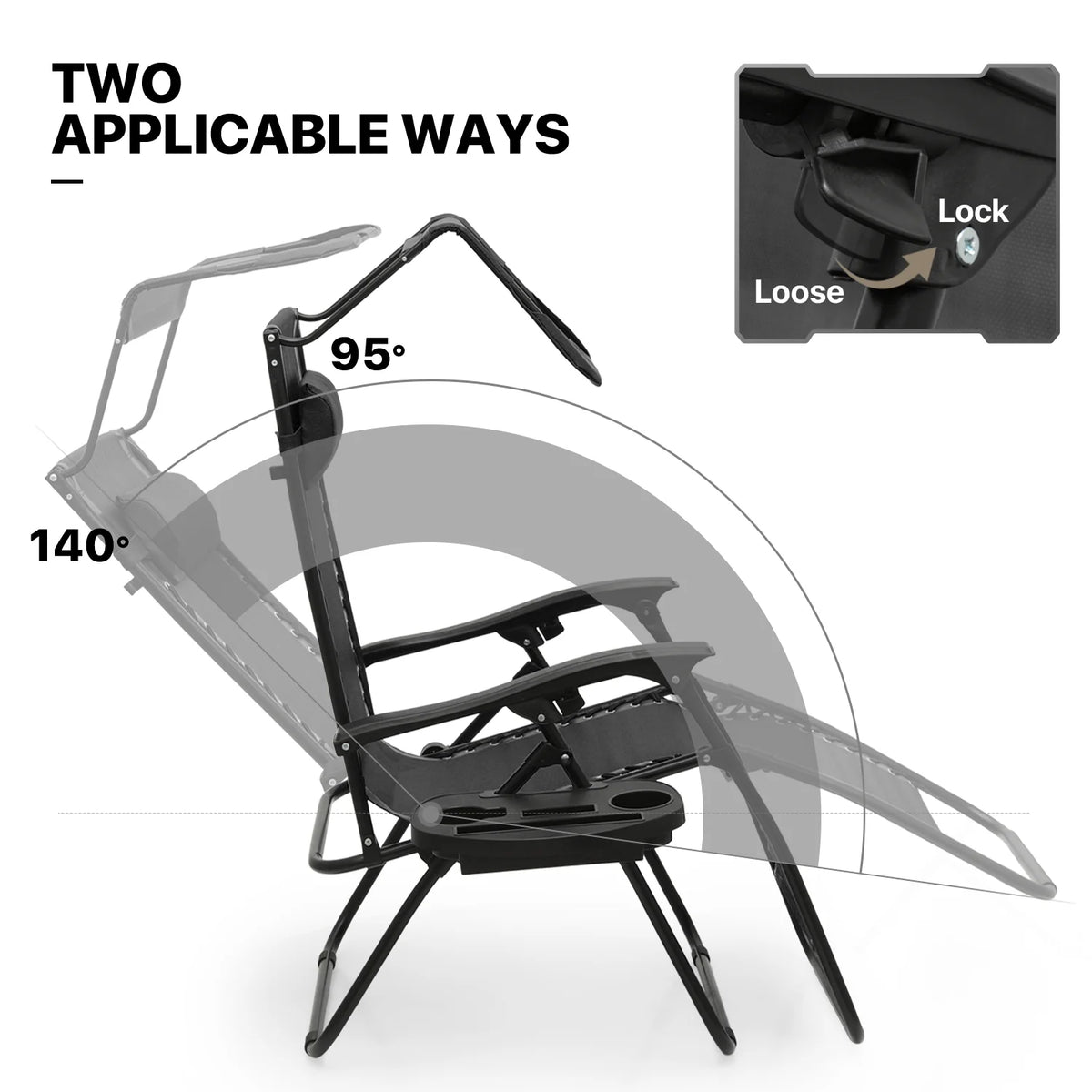 MoNiBloom Zero Gravity Chairs Set of 2, Folding Outdoor Patio Beach Recliner with Canopy Shade & Headrest, Black