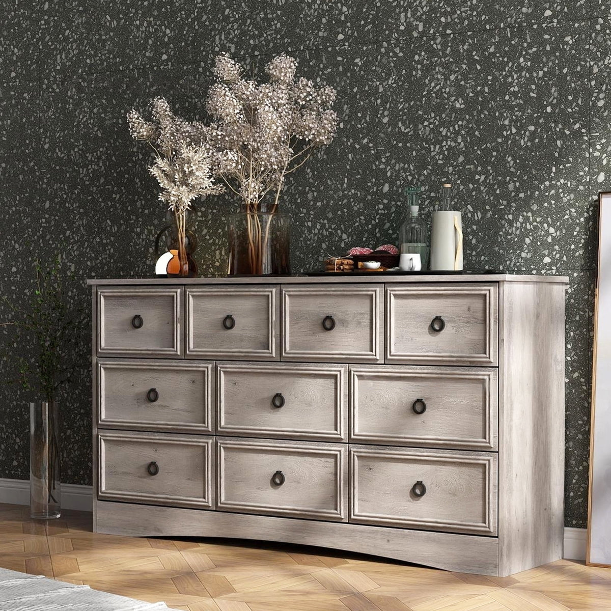 HUJAUU Dresser TV Stand with 10 Drawers Dresser for Bedroom, Wood Chest of Drawers Storage Organizer for Living Room, Hallway, Gray