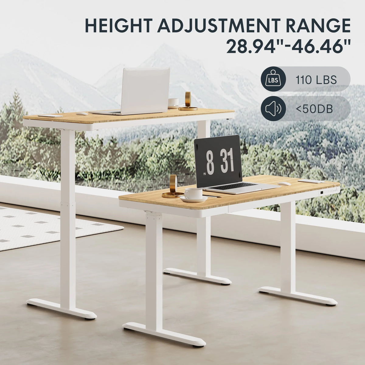 FLEXISPOT 48" W Home Office Height Adjustable Standing Desk White and Maple with USB Charge Ports and Embedded Drawer