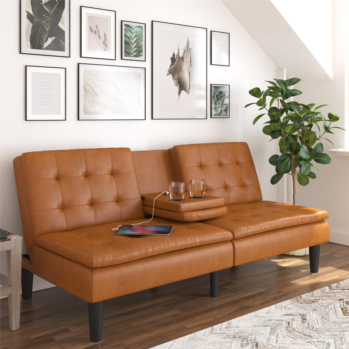 Mainstays Memory Foam 71.5" Futon with Cupholder and USB, Black Faux Leather