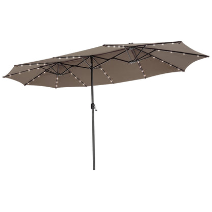 Costway 15FT Twin Patio Double-Sided Umbrella 48 Solar LED Lights Crank Outdoor Beige