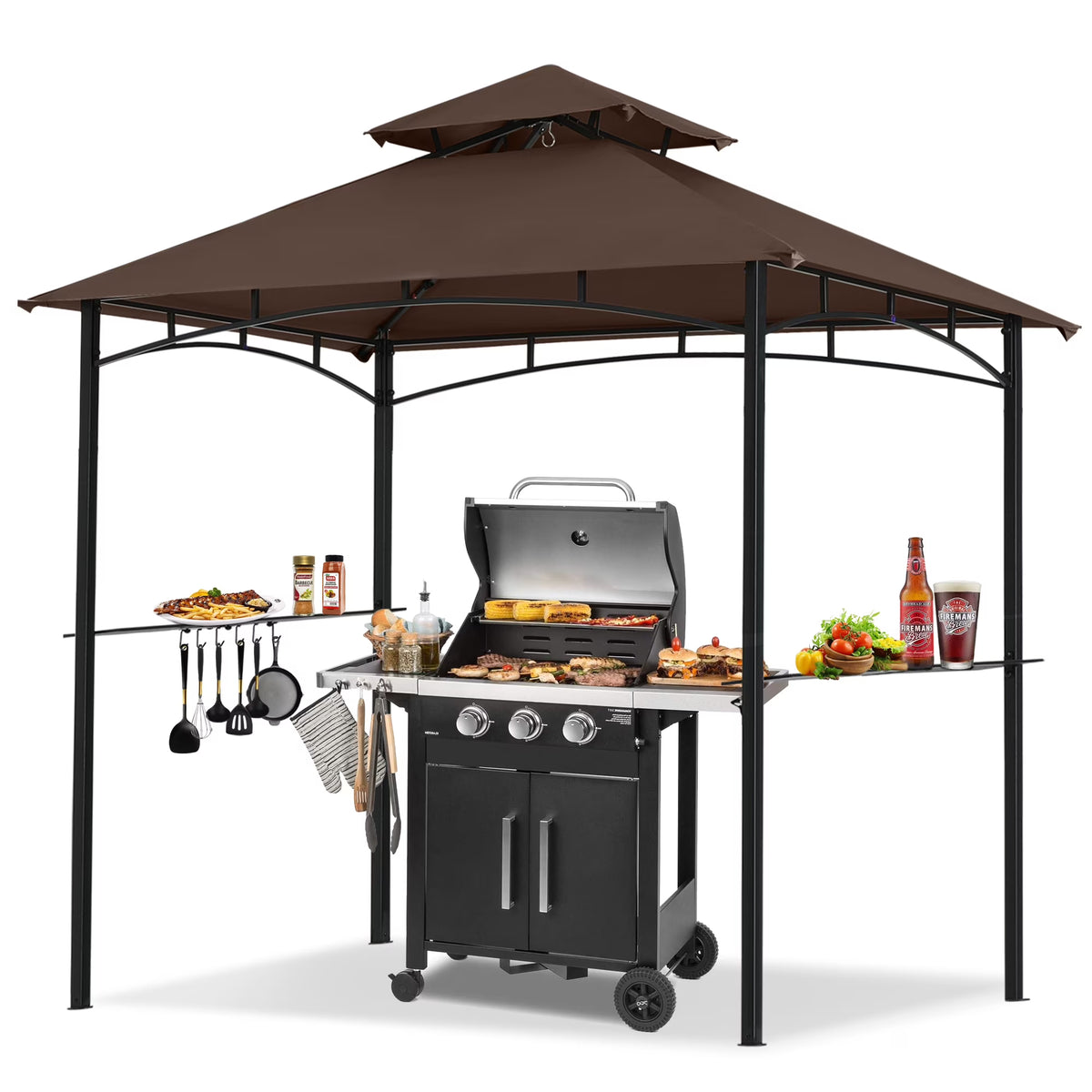 MASTERCANOPY 8' x 5' Grill Gazebo Outdoor BBQ Gazebo Canopy with LED Lights for Patio, Brown