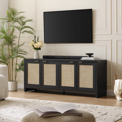 SICOTAS 61.5"W Rattan TV Stand with 4 Doors, Boho Entertainment Center with Adjustable Shelves & Spacious Countertop �C Large Boho Farmhouse Media Console for Living Room, Reclaimed Caramel Oak