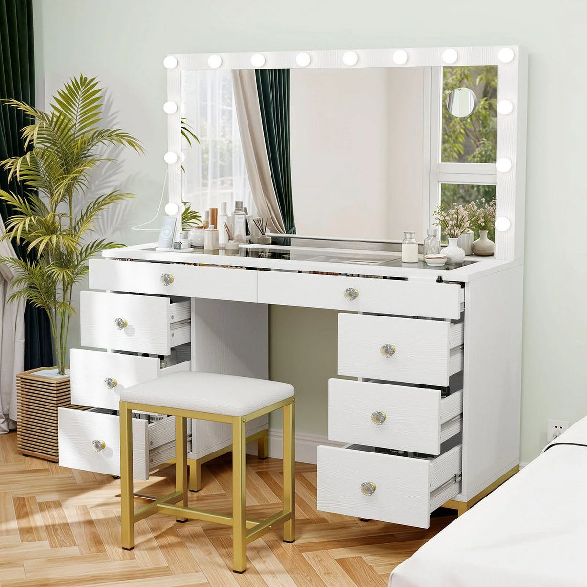 Uforic 55" Vanity Desk with Lighted Mirror & Power Outlet & 8 Drawers, Modern Makeup Vanity Table Set with Storage Stool, White