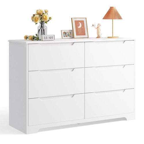 Dresser for Bedroom, Lofka 6 Drawer Double Dresser with Cutout Handles, Large Storage Capacity, Anti-Tip Safety, Modern Wood Chest of Drawers, Smooth Metal Rail, White