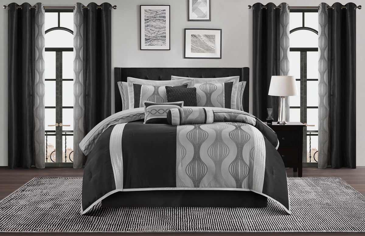 Lanco Elegant Black and Gold Comforter Set,Striped, 7 Pieces Jacquard Bedding Sets with Comforter for All Season, Bed Skirt, Pillows & Shams, Queen Size, Lightweight Microfiber
