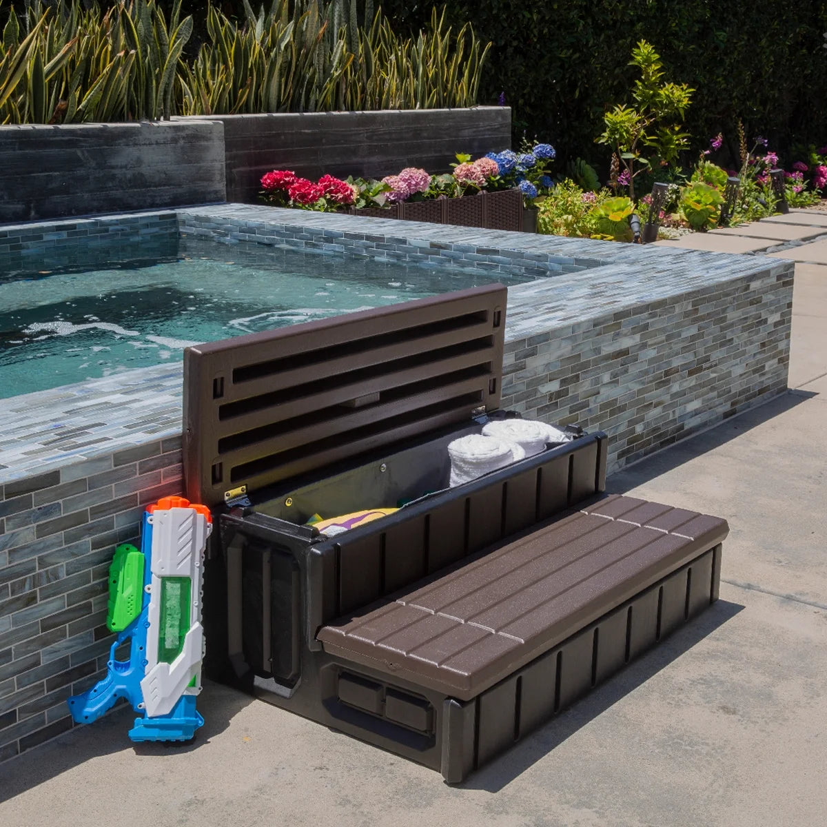 XtremepowerUS Hot Tub Steps With Storage, Spa Step, 36" Length, Camper/Deck Steps, Anti-Slip Brown