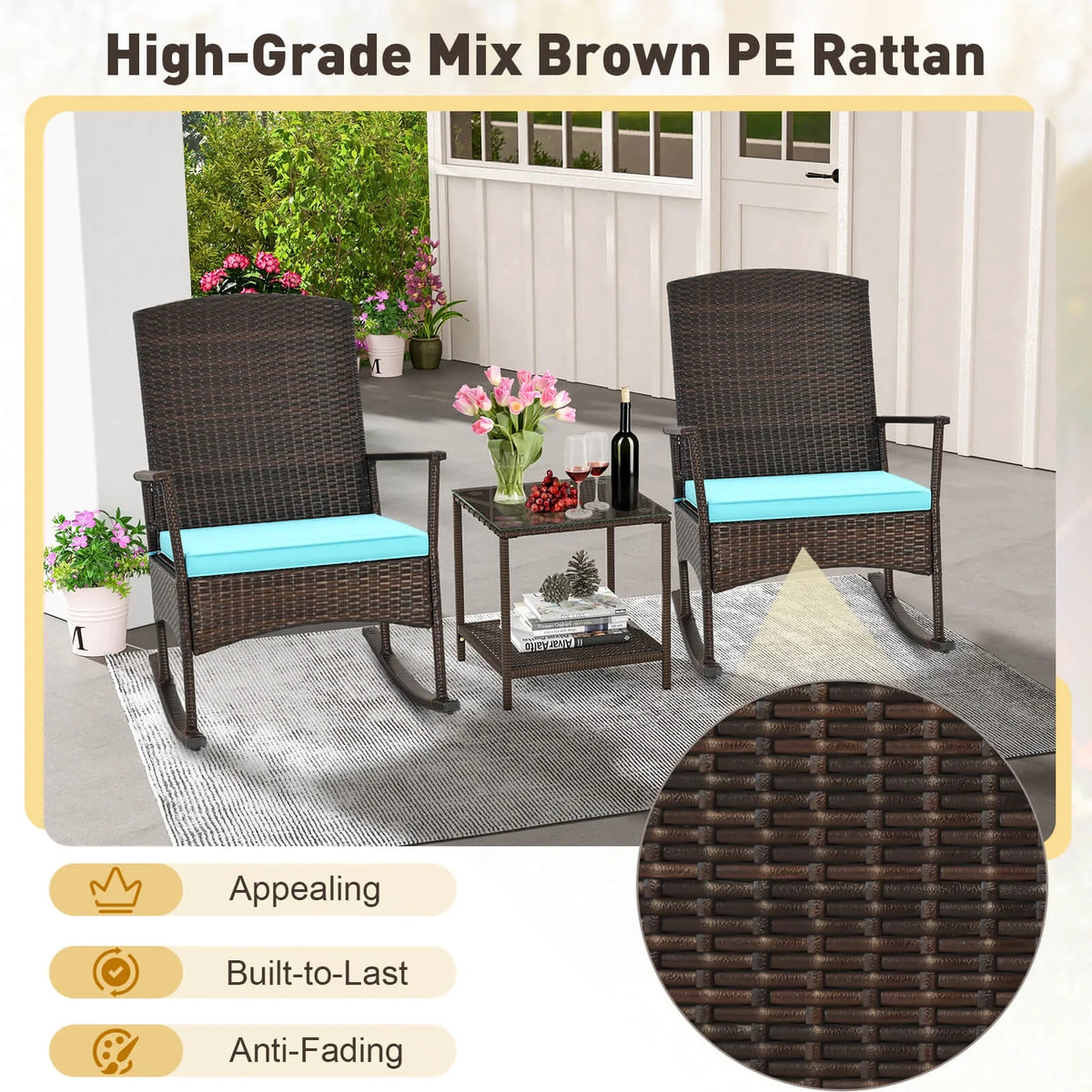 Costway Serenity 3 Piece Patio Rocking Wicker Rockers with White Cushions 2 Tier Coffee Table