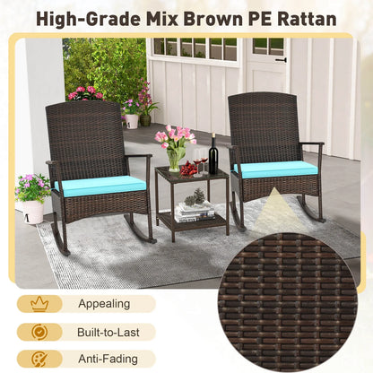 Costway Serenity 3 Piece Patio Rocking Wicker Rockers with White Cushions 2 Tier Coffee Table