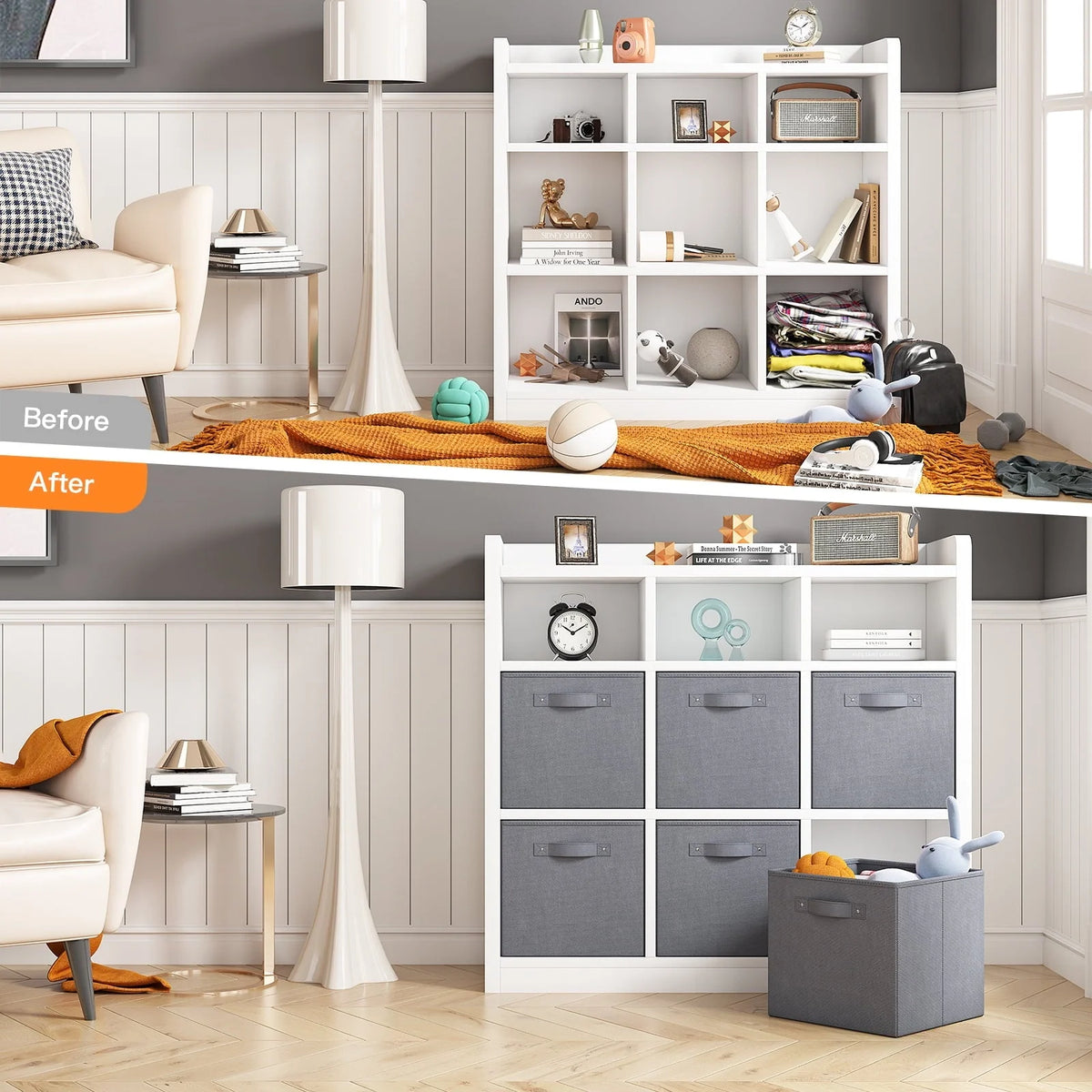 EnHomee 9 Cube Storage Organizer Cubby Storage 9 Cube bookshelf With Bins For Bedroom Livingroom White Cubby Storage for Home, White Finish