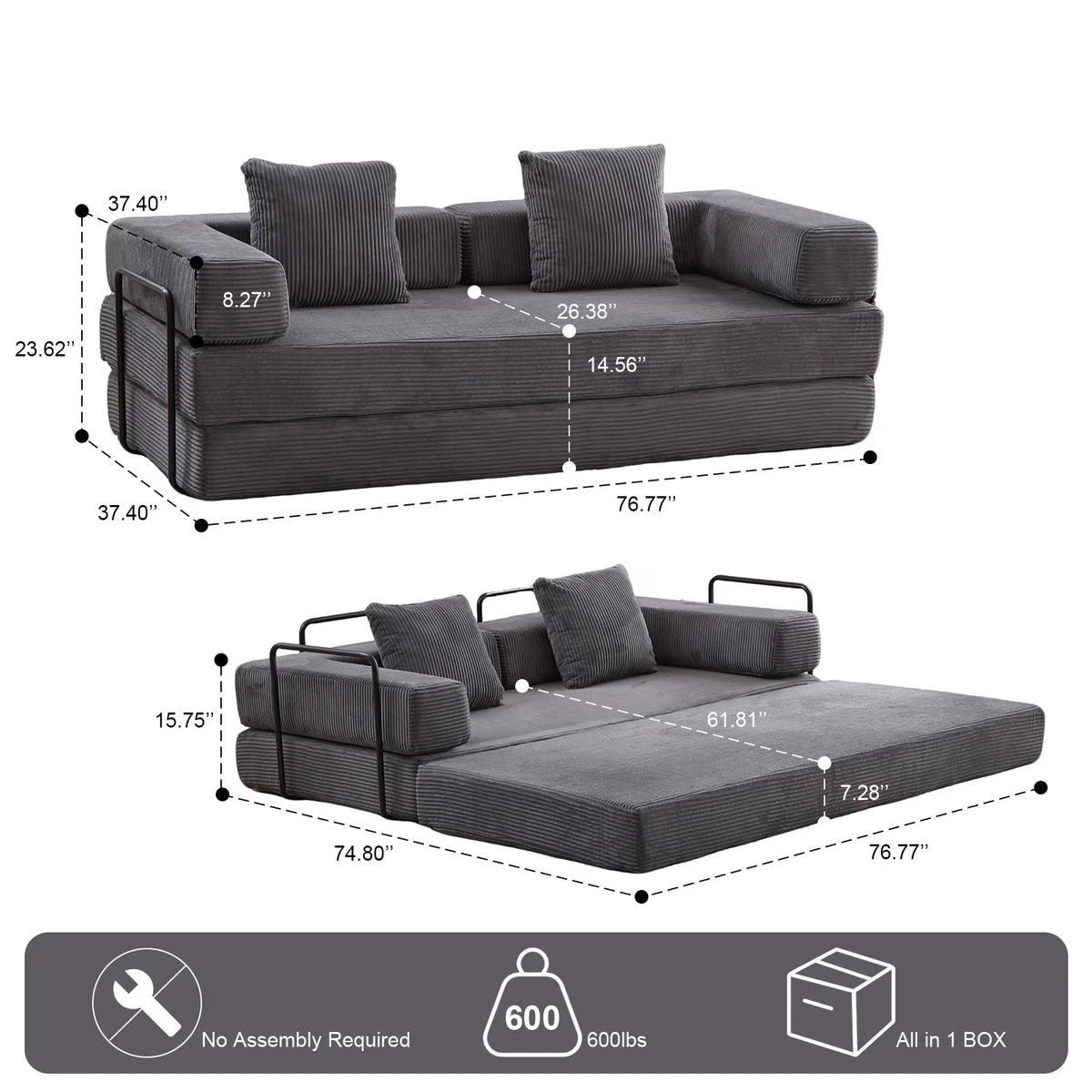 Taicans ?Convertible Floor Sofa Bed - 3 Seats Foldable Corduroy Futon Couch w/Pillow Support,Space-Saving Guest Bed for Living Room,Dorm,No Assembly Compressible Foam Mattress (Gray,76.7Inch L)