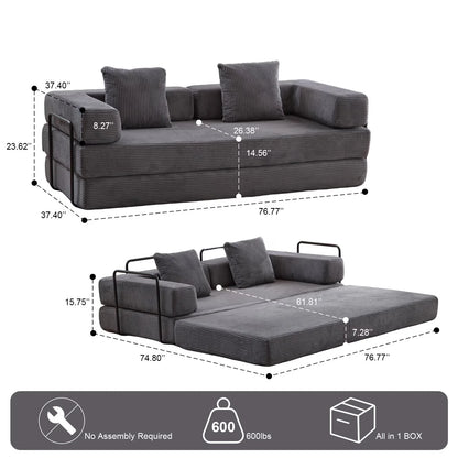 Taicans ?Convertible Floor Sofa Bed - 3 Seats Foldable Corduroy Futon Couch w/Pillow Support,Space-Saving Guest Bed for Living Room,Dorm,No Assembly Compressible Foam Mattress (Gray,76.7Inch L)