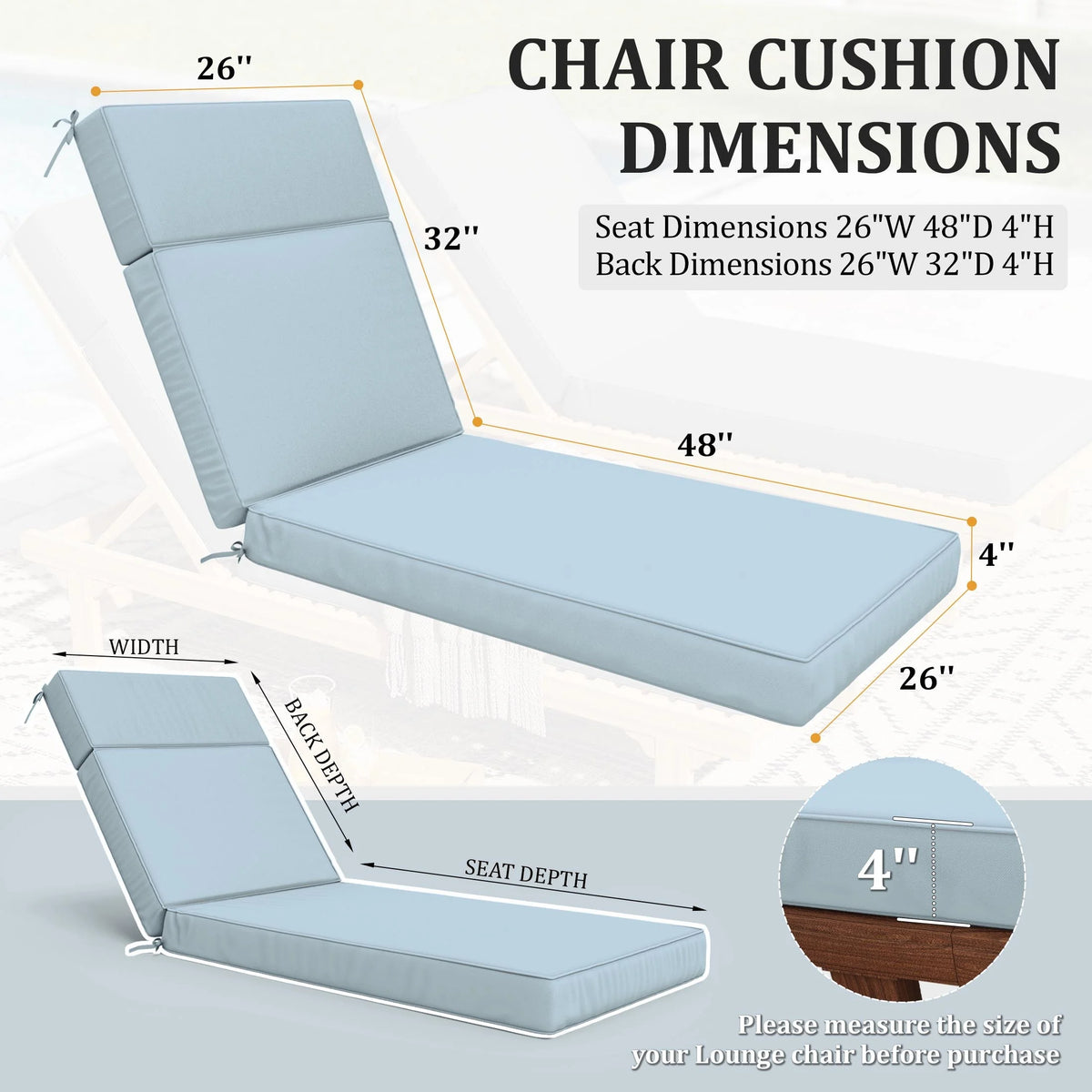 Kimunuk Outdoor Chaise Lounge Cushions set of 2, 80" x 26" x 4" Waterproof Pool Beach Recliner Replacement Cushions with Ties, Navy