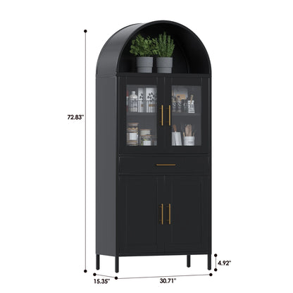 SUPEER Metal Arched Storage Display Cabinet with Glass Doors and Adjustable Shelves, Lockable Cabinet, Assembly Required, Black