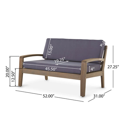 Wilcox Outdoor Acacia Wood Loveseat and Coffee Table Set with Cushions, Grey, Dark Grey