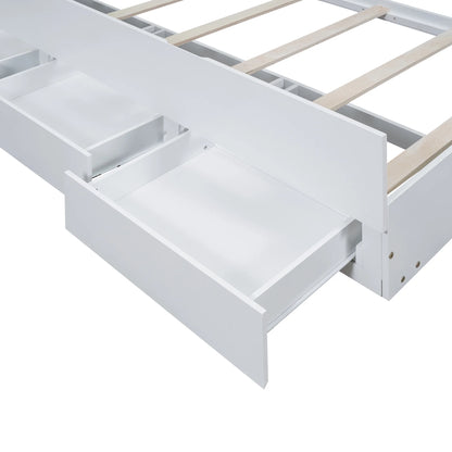 Euroco Wood Twin Size Platform Bed with Storage Headboard, Drawers Trundle and LED Light, White