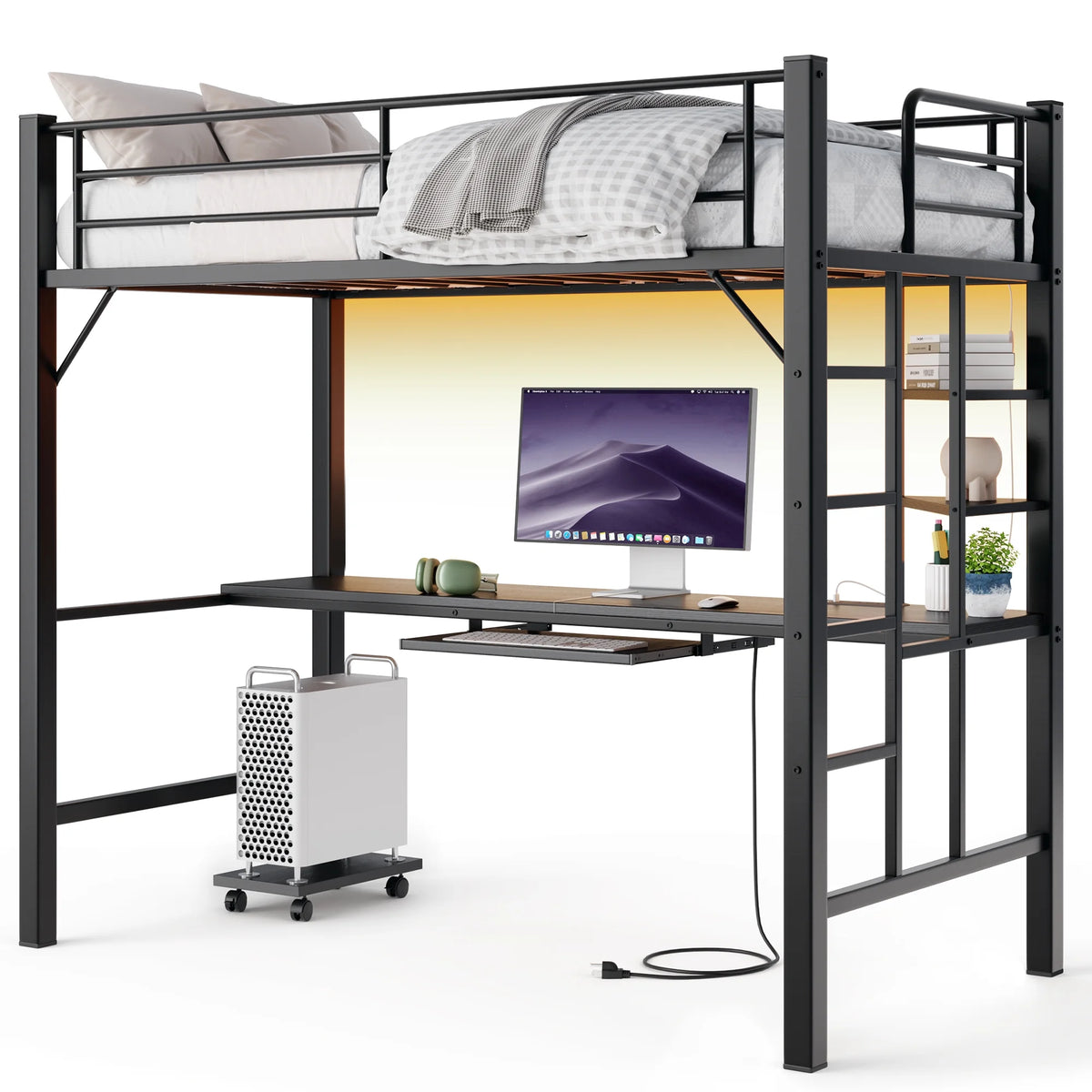 Lofka Twin Loft Bed with L-Shaped Desk, RGB Lights & Charging Station, 400lb Capacity Metal Frame, 3 Shelves & 2 Drawers, Easy Assembly��White